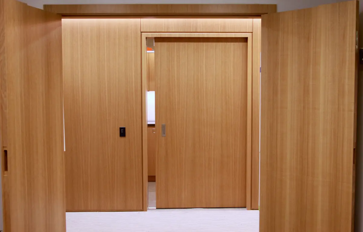 Anigre wood doors with concealed hardware