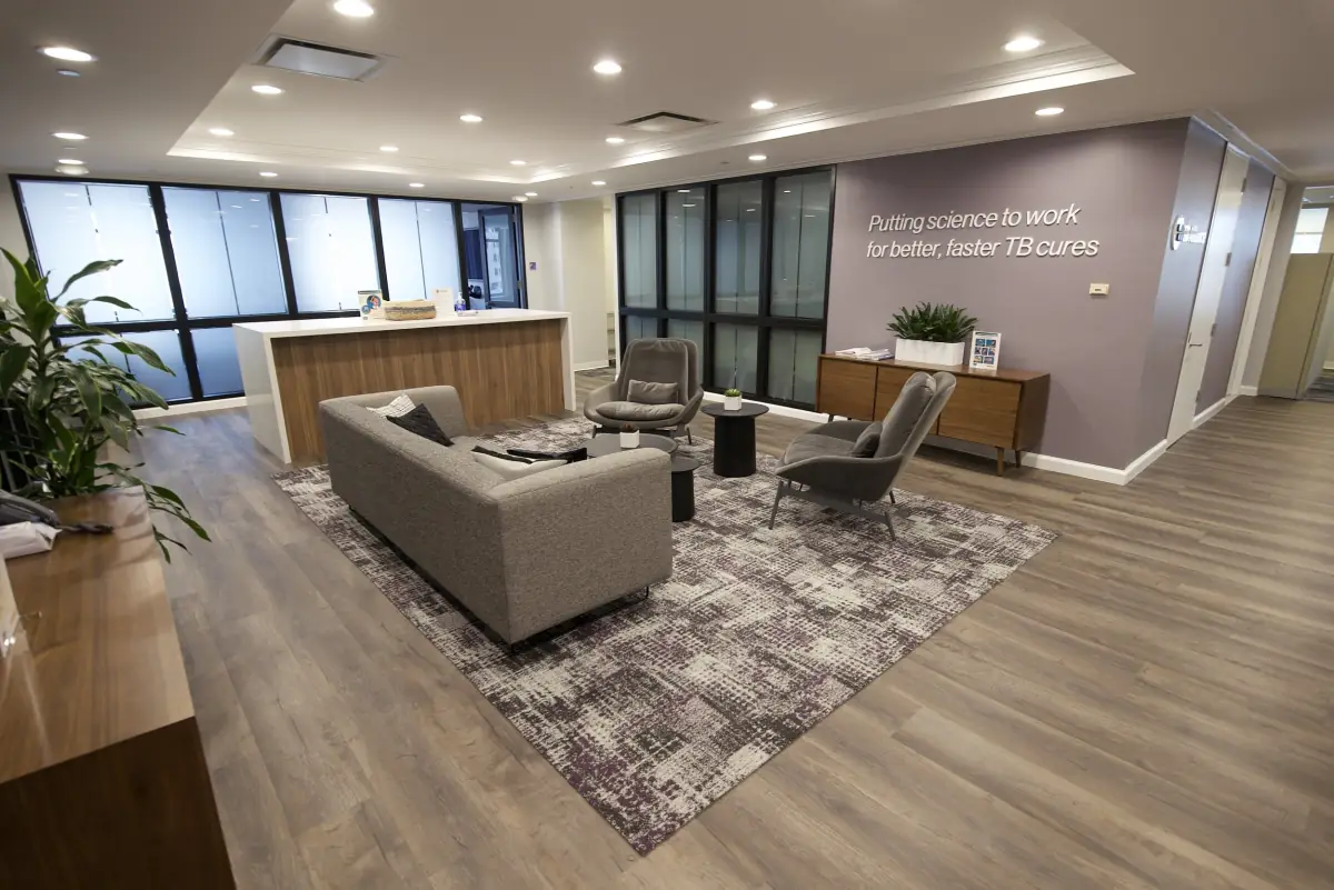 TB Alliance lobby lounge with grey sofas